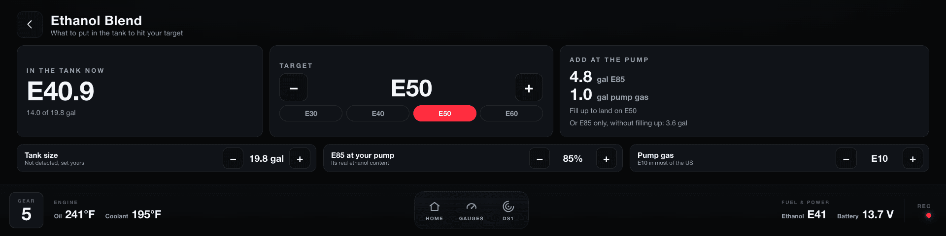 Ethanol blend calculator showing how much E85 and pump gas to add