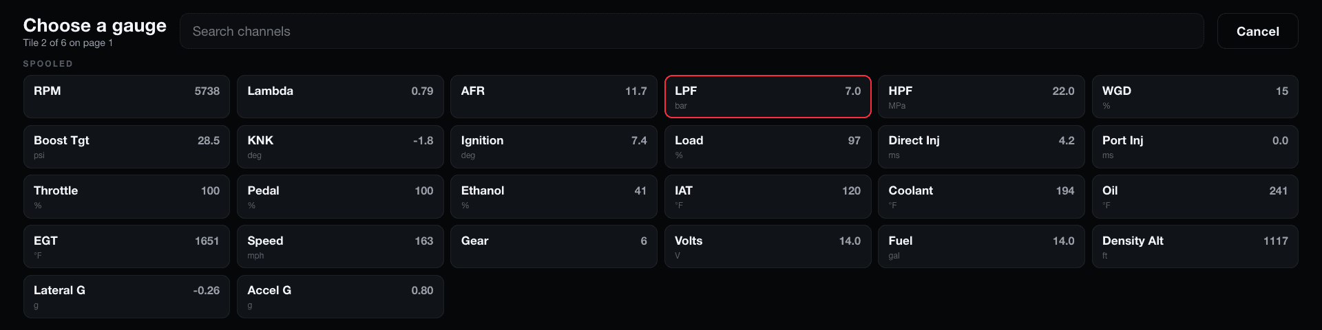 Picker listing every value a tile can show, each with its live reading