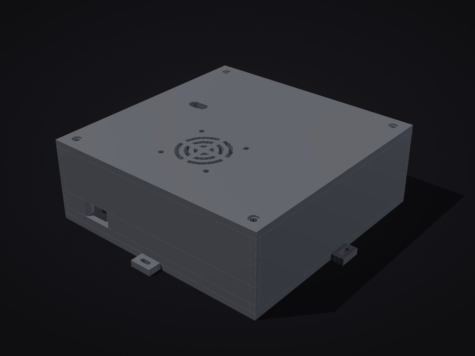 Render of the closed Pi 4 enclosure, showing the fan grille in the lid