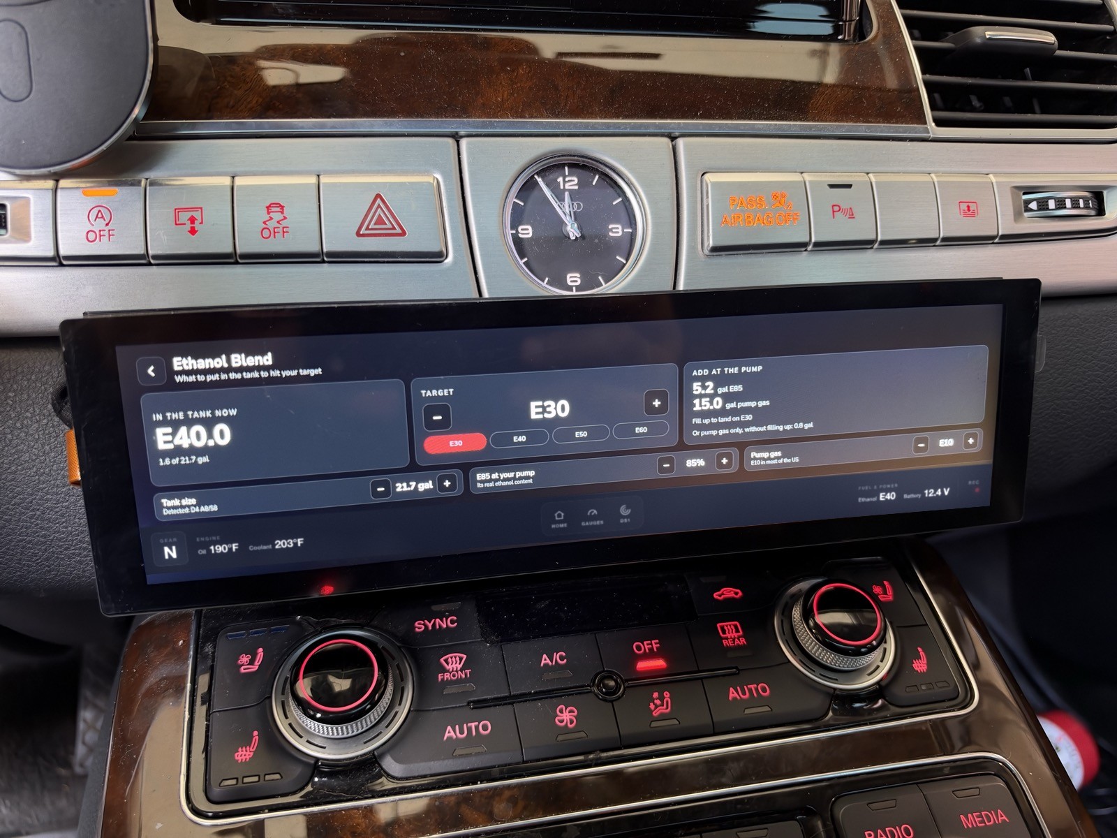 Spooled Dash installed in an Audi A8 / S8 (D4), showing the ethanol blend calculator screen