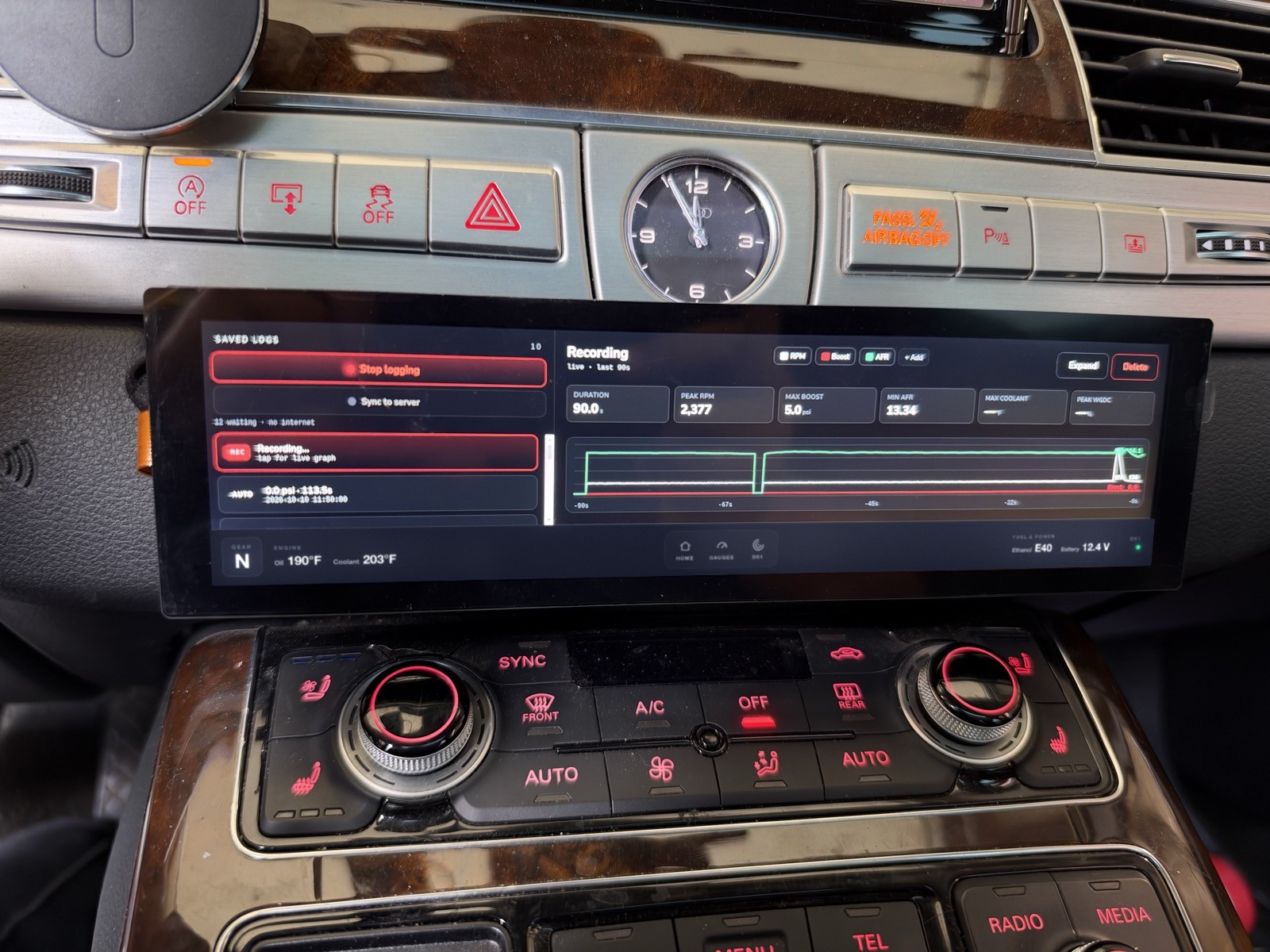 Spooled Dash installed in an Audi A8 / S8 (D4), showing the live logging screen